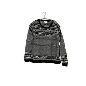 old navy women black white knit cotton jacquard sweater sz small crew neck